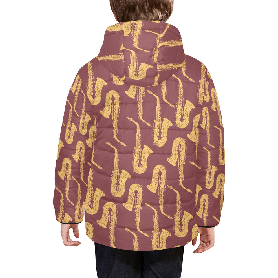 Hand drawn gold saxophone red background Kids' Boys' Girls' Padded Hooded Jacket