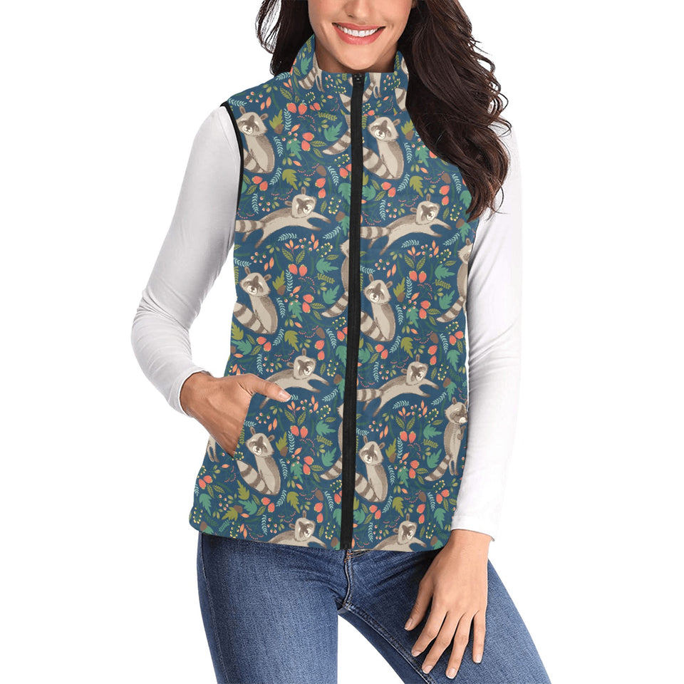 Raccoon tropical leaves pattern Women's Padded Vest