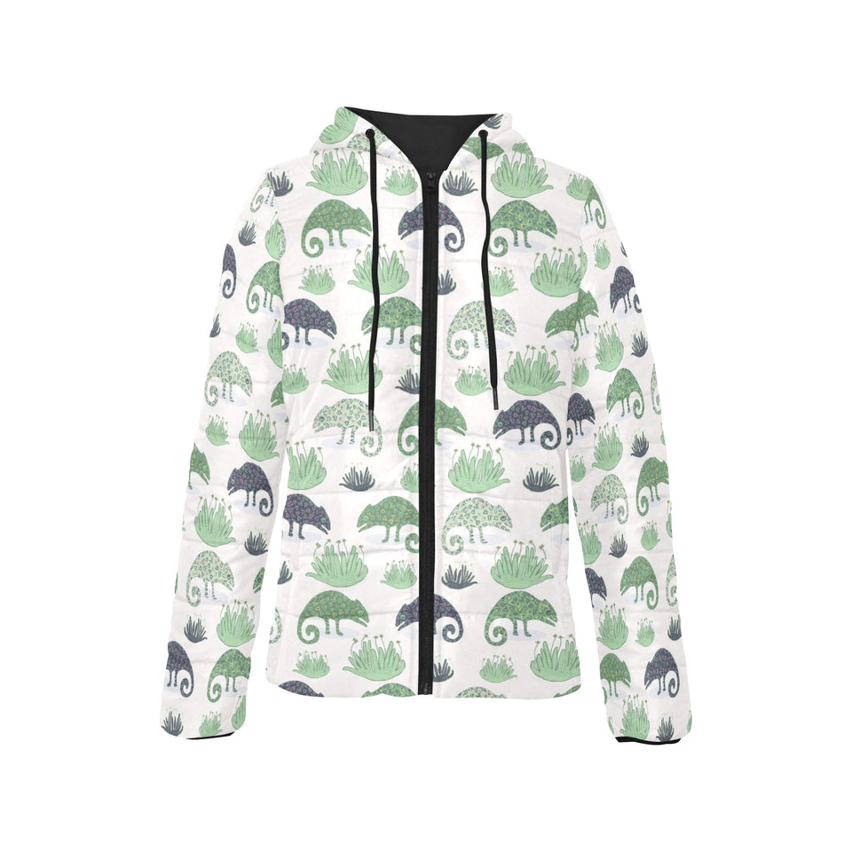 Chameleon lizard succulent plant pattern Women's Padded Hooded Jacket