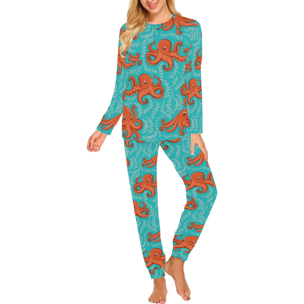 Octopus turquoise background Women's All Over Print Pajama Set