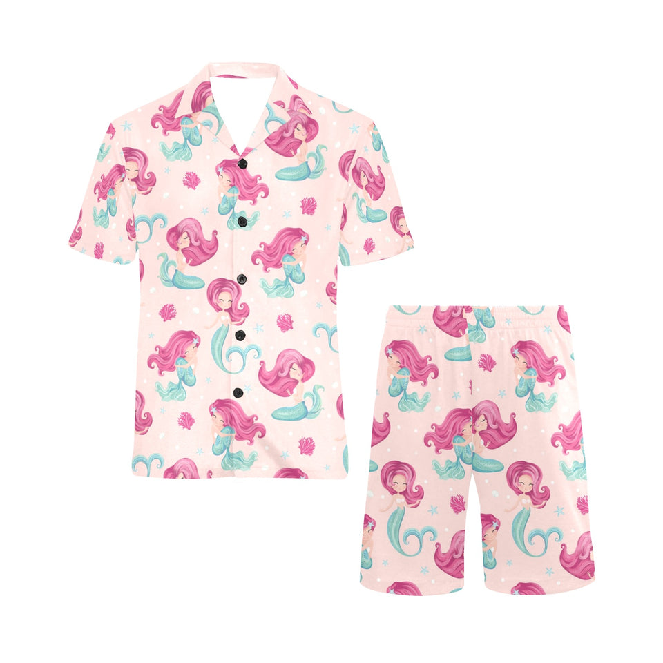 Cute little mermaid pattern Men's V-Neck Short Pajama Set