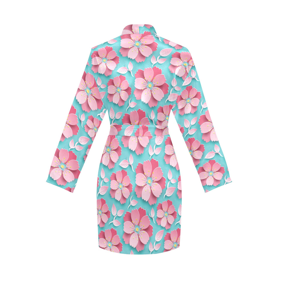 3D sakura cherry blossom pattern Women's Long Sleeve Belted Night Robe