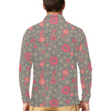 Red gold Sakura cherry blossom gray background Men's Long Sleeve Polo Shirt