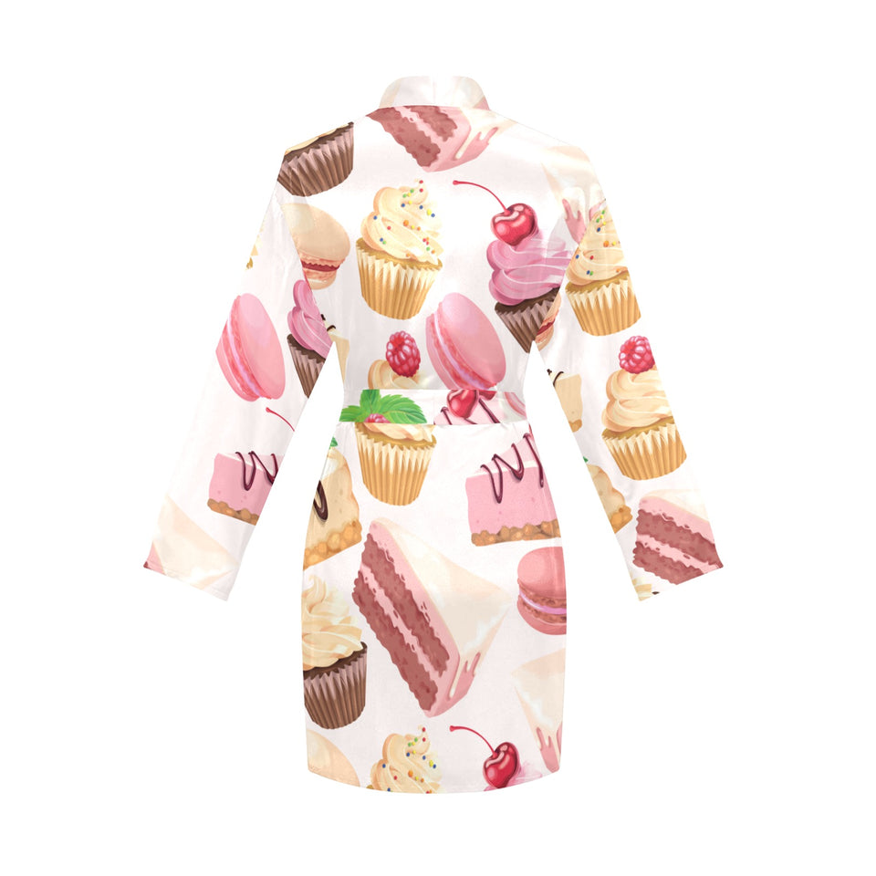 Cake cupcake sweets pattern Women's Long Sleeve Belted Night Robe