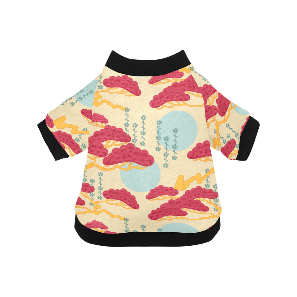 Red Bonsai gray sun japanese pattern All Over Print Pet Dog Round Neck Fuzzy Shirt