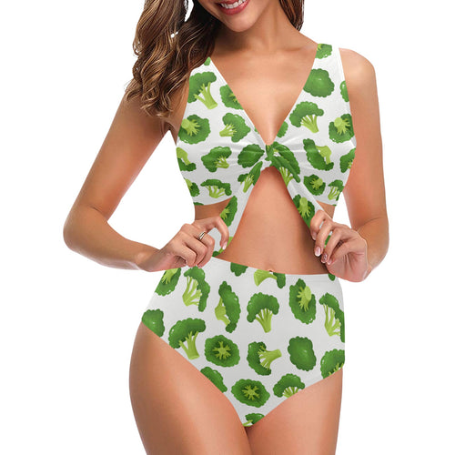 Cute broccoli pattern Chest Bowknot High Waisted Bikini Swimsuit