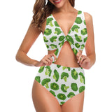 Cute broccoli pattern Chest Bowknot High Waisted Bikini Swimsuit