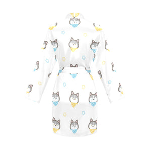 Cute Siberian Husky pattern Women's Long Sleeve Belted Night Robe