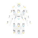 Cute Siberian Husky pattern Women's Long Sleeve Belted Night Robe