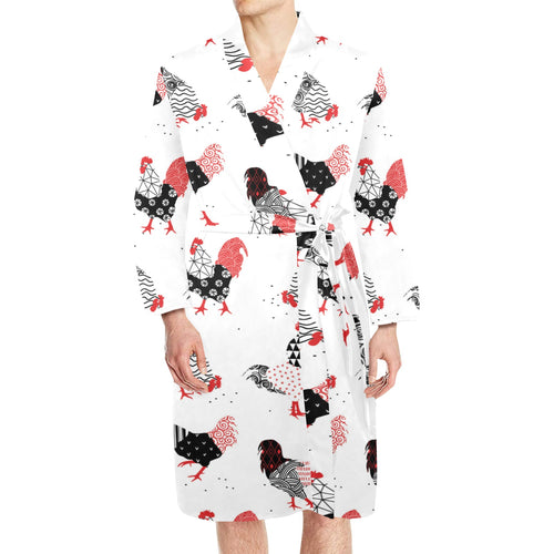 Cool rooster chicken cock floral ornament backgrou Men's Long Sleeve Belted Night Robe