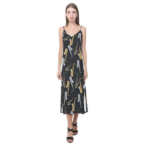 saxophone design pattern V-Neck Open Fork Long Dress