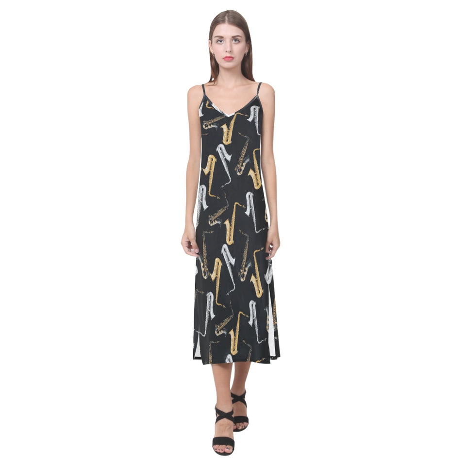 saxophone design pattern V-Neck Open Fork Long Dress
