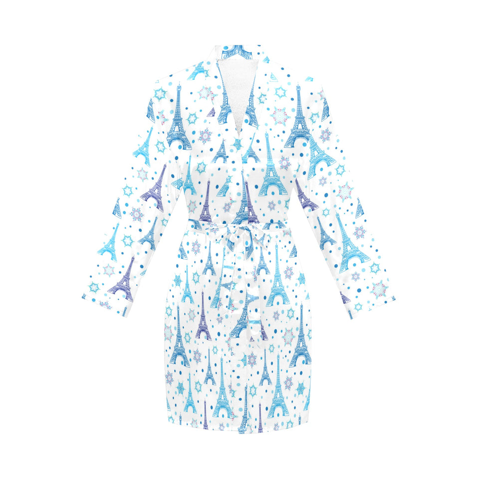 Blue Eiffel Tower Theme Pattern Print Design 01 Women's Long Sleeve Belted Night Robe