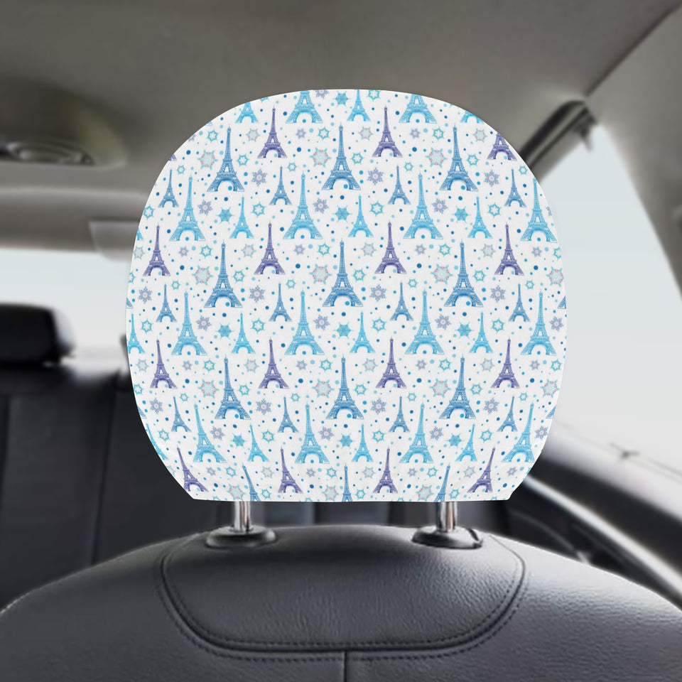 Blue Eiffel Tower Theme Pattern Print Design 01 Car Headrest Cover