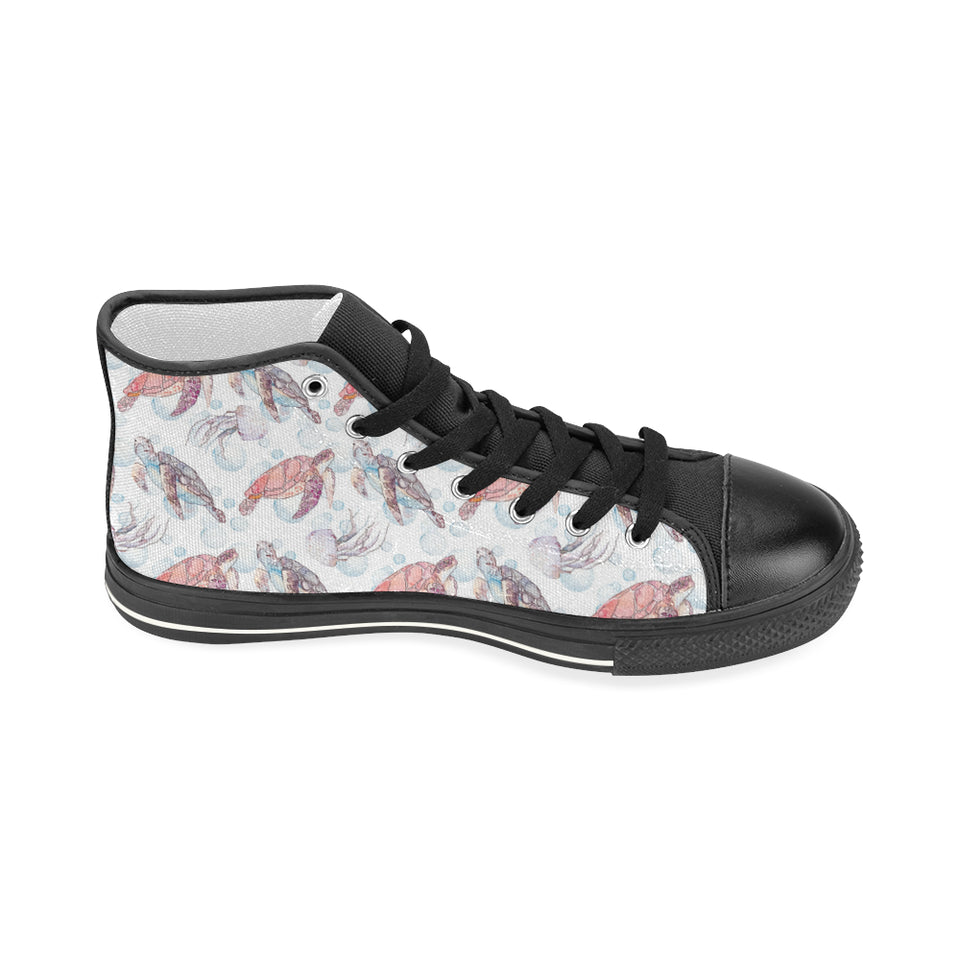 Watercolor sea turtle jellyfish pattern Women's High Top Canvas Shoes Black