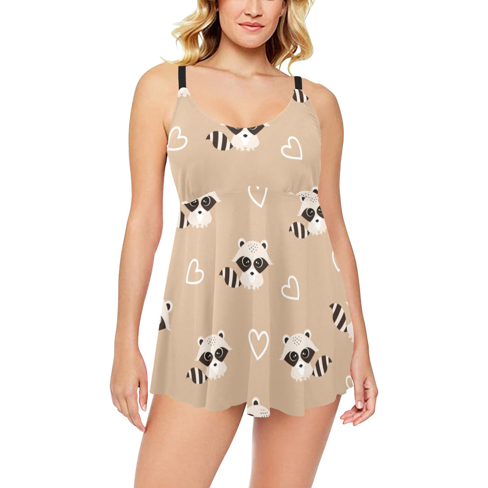 Cute raccoon heart pattern Chest Sexy Pleated Two Piece Swim Dress