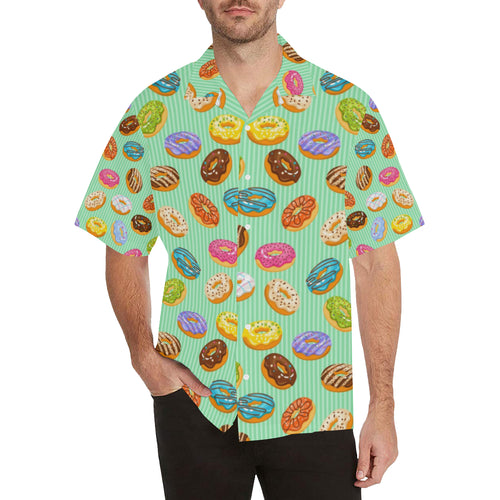 Colorful donut pattern green background Men's All Over Print Hawaiian Shirt
