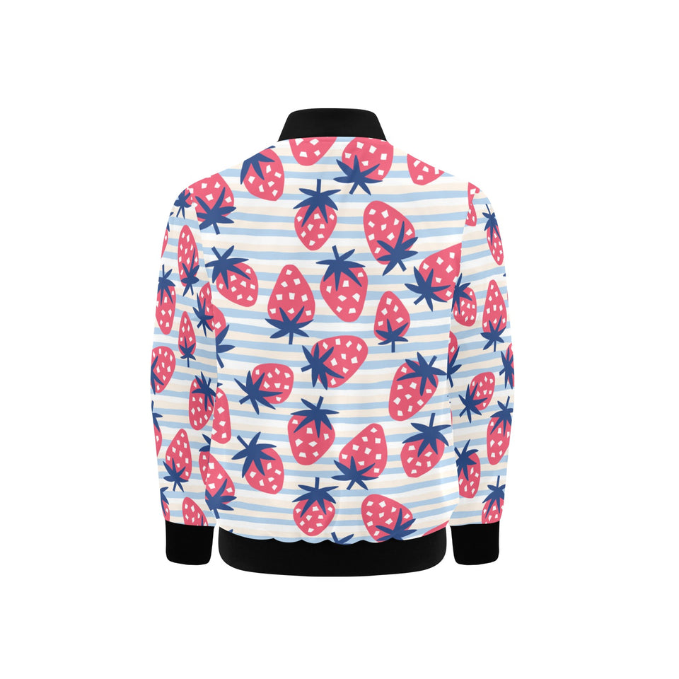 Strawberry pattern blue lines background Kids' Boys' Girls' Bomber Jacket
