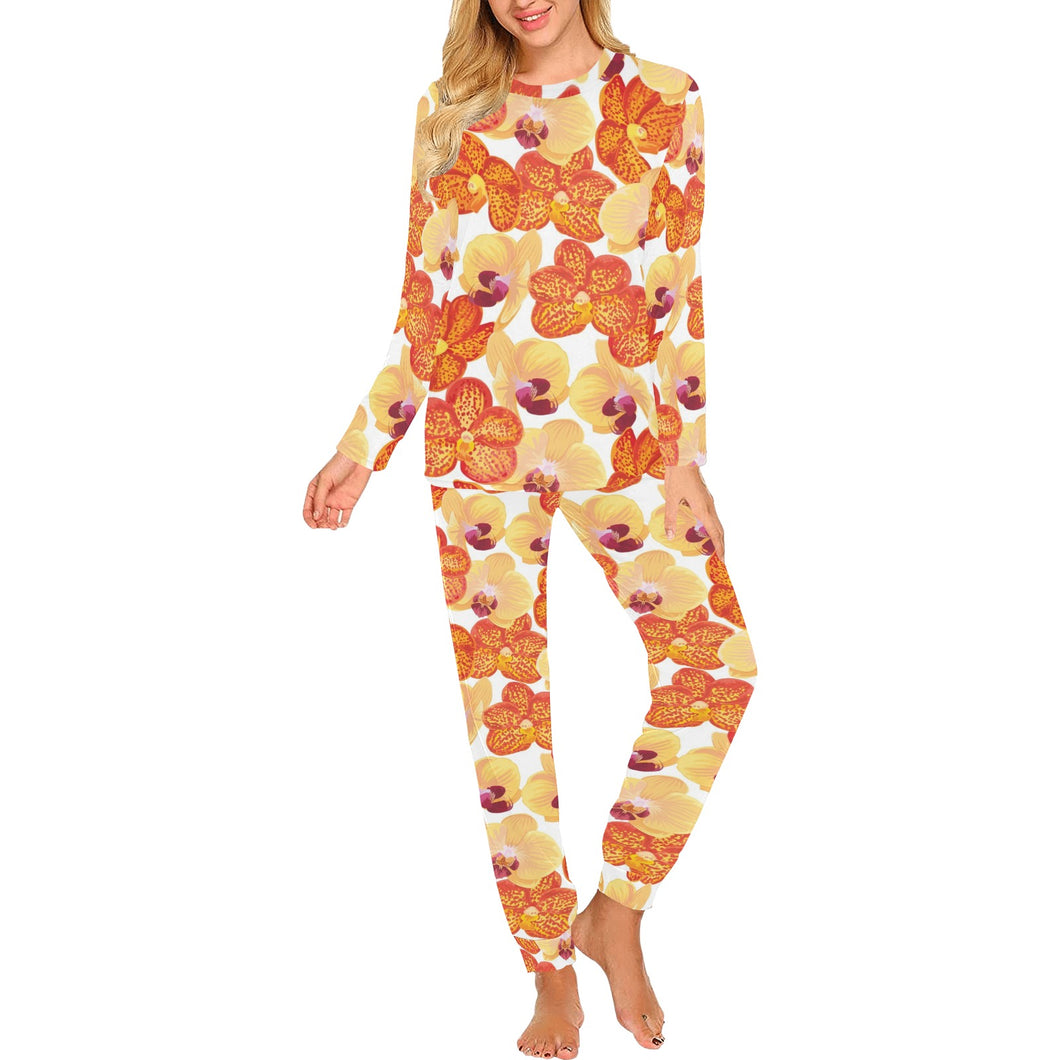 Orange yellow orchid flower pattern background Women's All Over Print Pajama Set