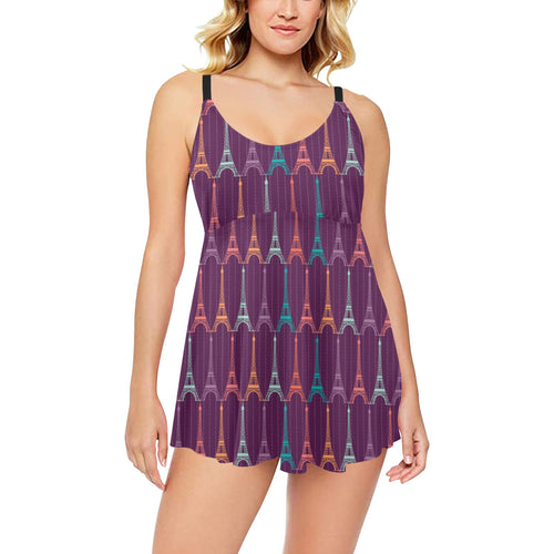 Eiffel Tower Pattern Print Design 05 Chest Sexy Pleated Two Piece Swim Dress