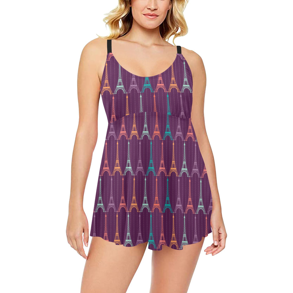 Eiffel Tower Pattern Print Design 05 Chest Sexy Pleated Two Piece Swim Dress