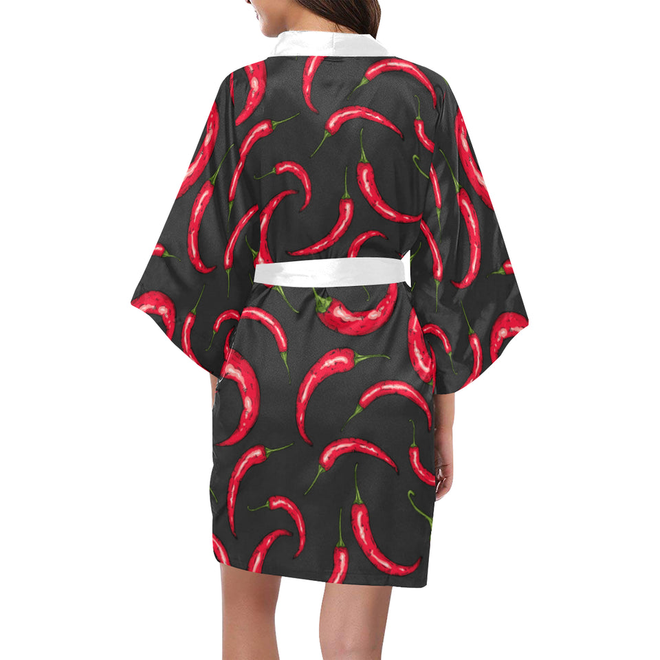 Chili peppers pattern black background Women's Short Kimono Robe