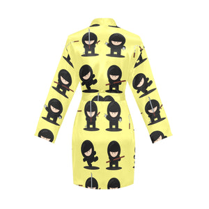 Cute ninja yellow background Women's Long Sleeve Belted Night Robe