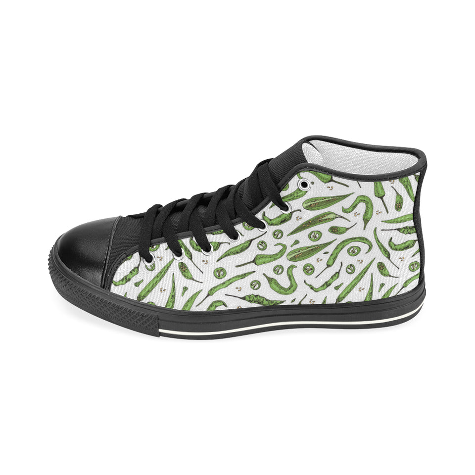 Hand drawn sketch style green Chili peppers patter Men's High Top Canvas Shoes Black