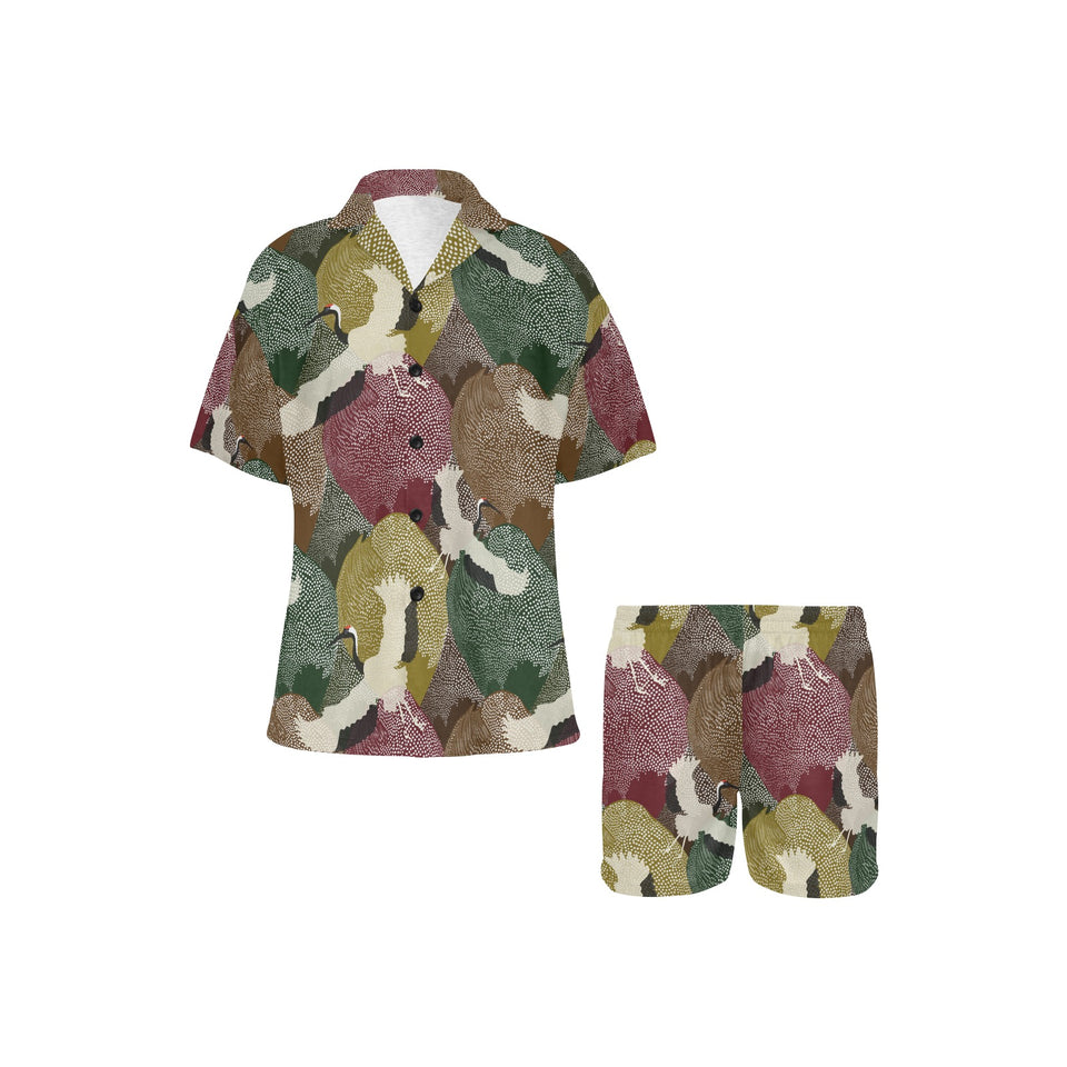 Japanese cranes flying forest dot pattern Women's V-Neck Short Pajama Set