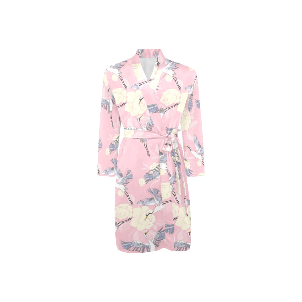 Japanese crane pink sakura pattern Men's Long Sleeve Belted Night Robe