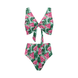 Watermelons tropical palm leaves pattern Chest Bowknot High Waisted Bikini Swimsuit