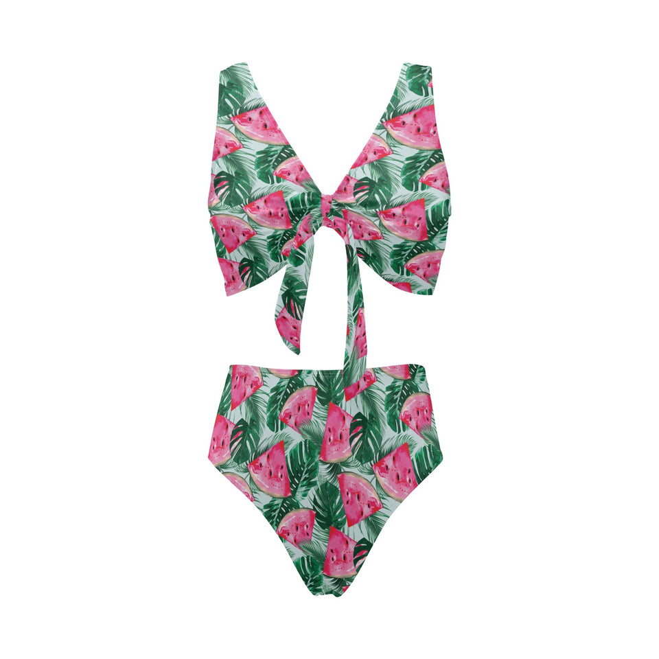 Watermelons tropical palm leaves pattern Chest Bowknot High Waisted Bikini Swimsuit