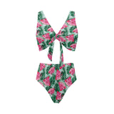 Watermelons tropical palm leaves pattern Chest Bowknot High Waisted Bikini Swimsuit