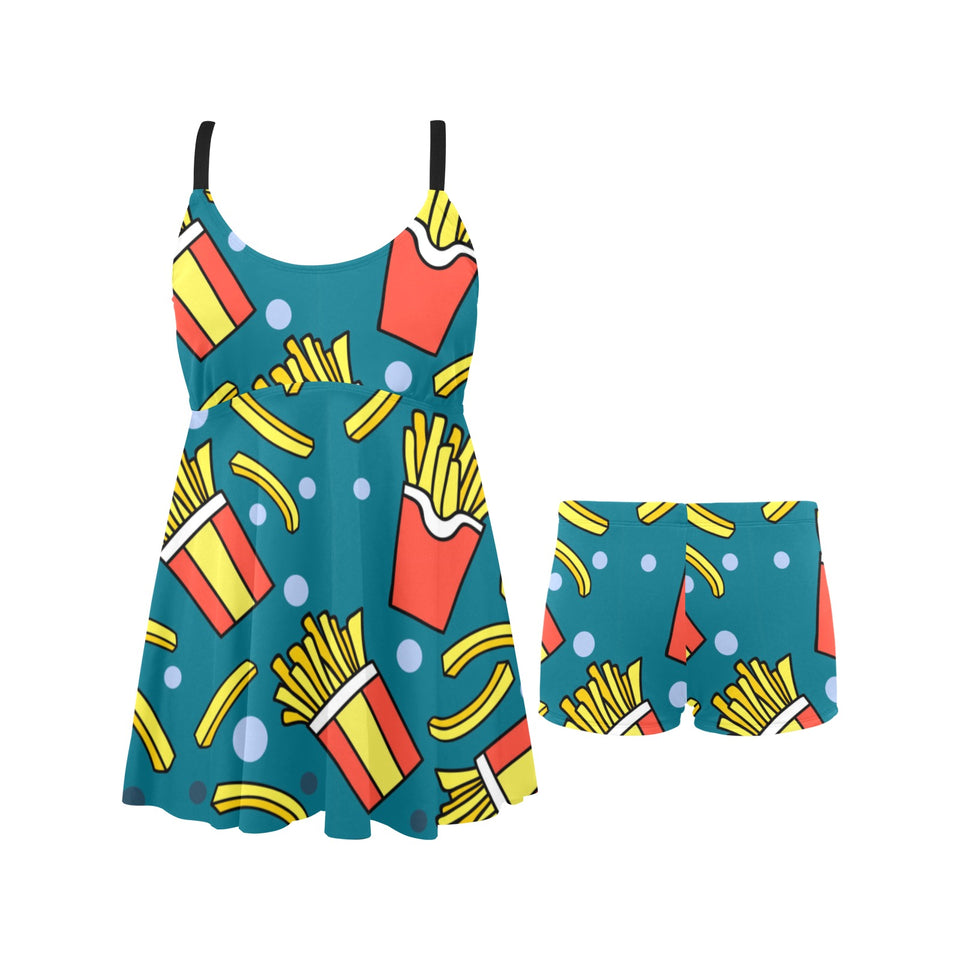 French fries red paper box pattern Chest Sexy Pleated Two Piece Swim Dress