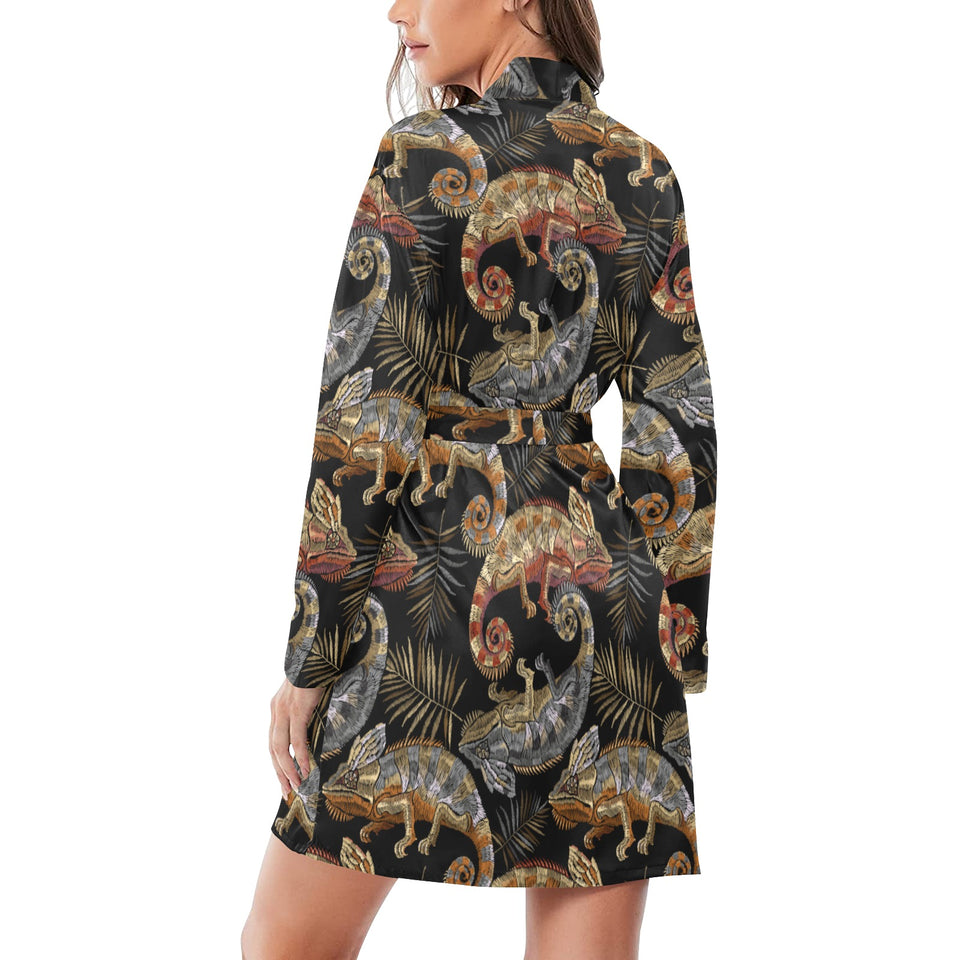 Chameleon lizard tropical leaves palm tree Women's Long Sleeve Belted Night Robe