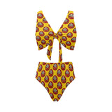Daruma japanese wooden doll yellow background Chest Bowknot High Waisted Bikini Swimsuit