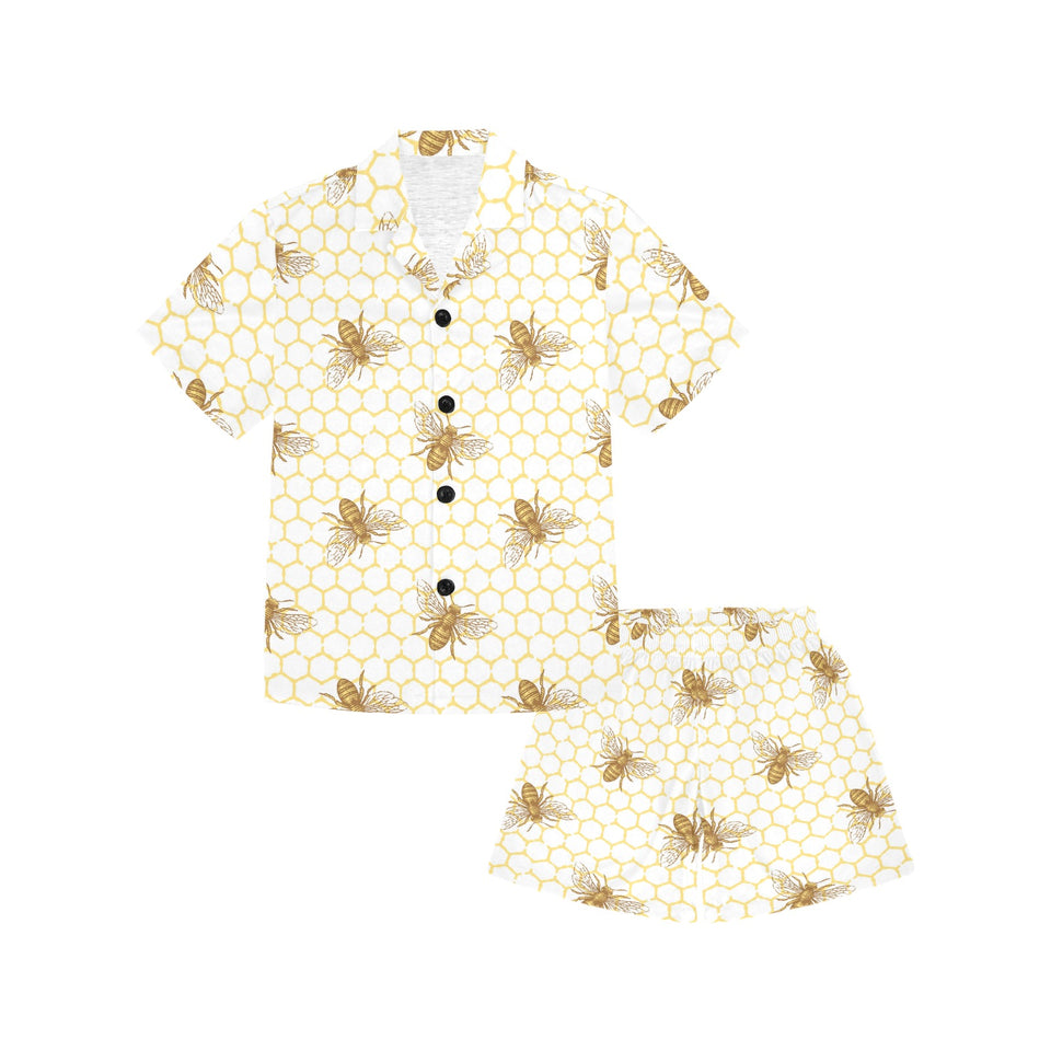 Bee honeycomb seamless design pattern Kids' Boys' Girls' V-Neck Short Pajama Set