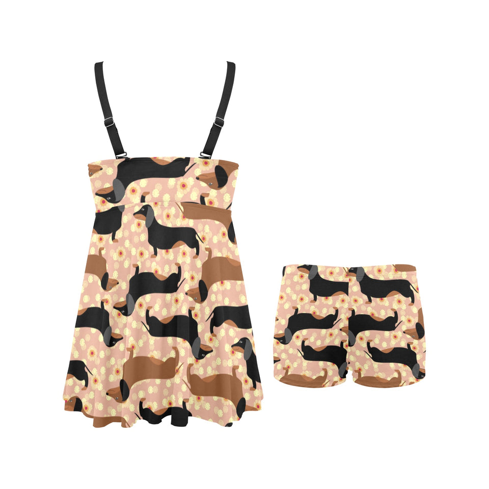 Dachshund floral background Chest Sexy Pleated Two Piece Swim Dress