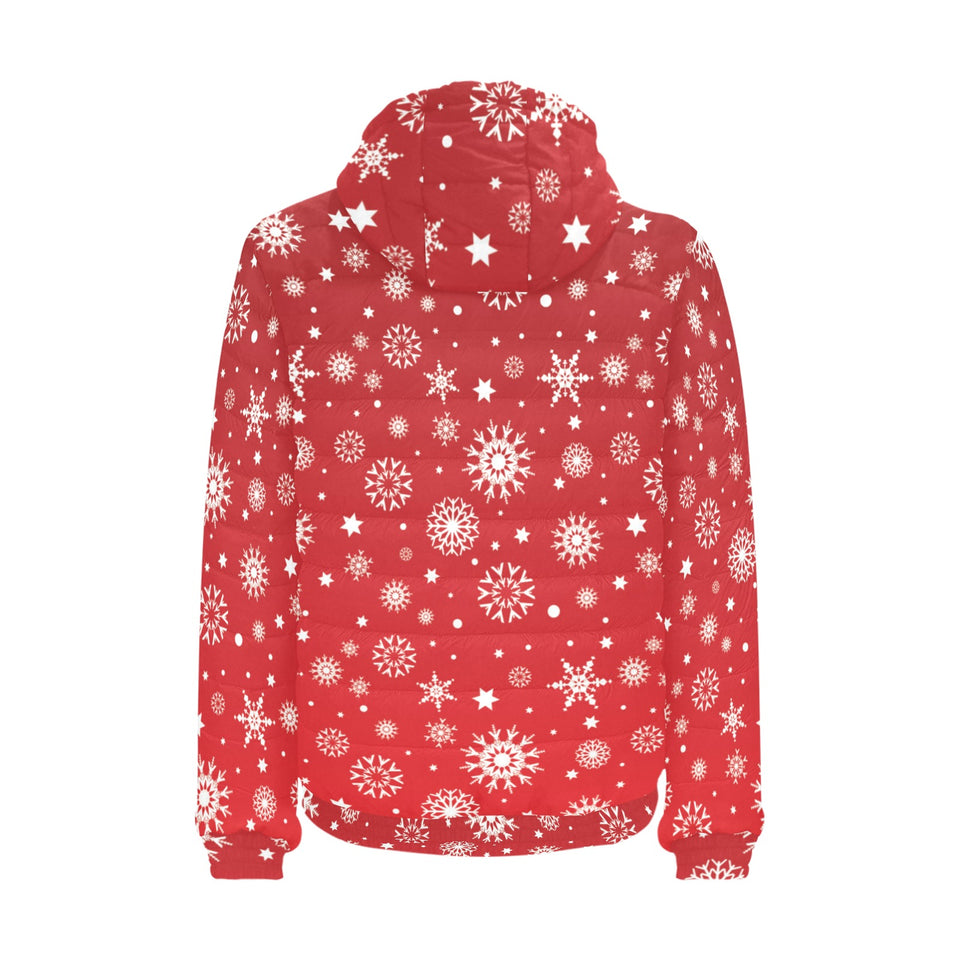 Snowflake pattern red background Men's Padded Hooded Jacket