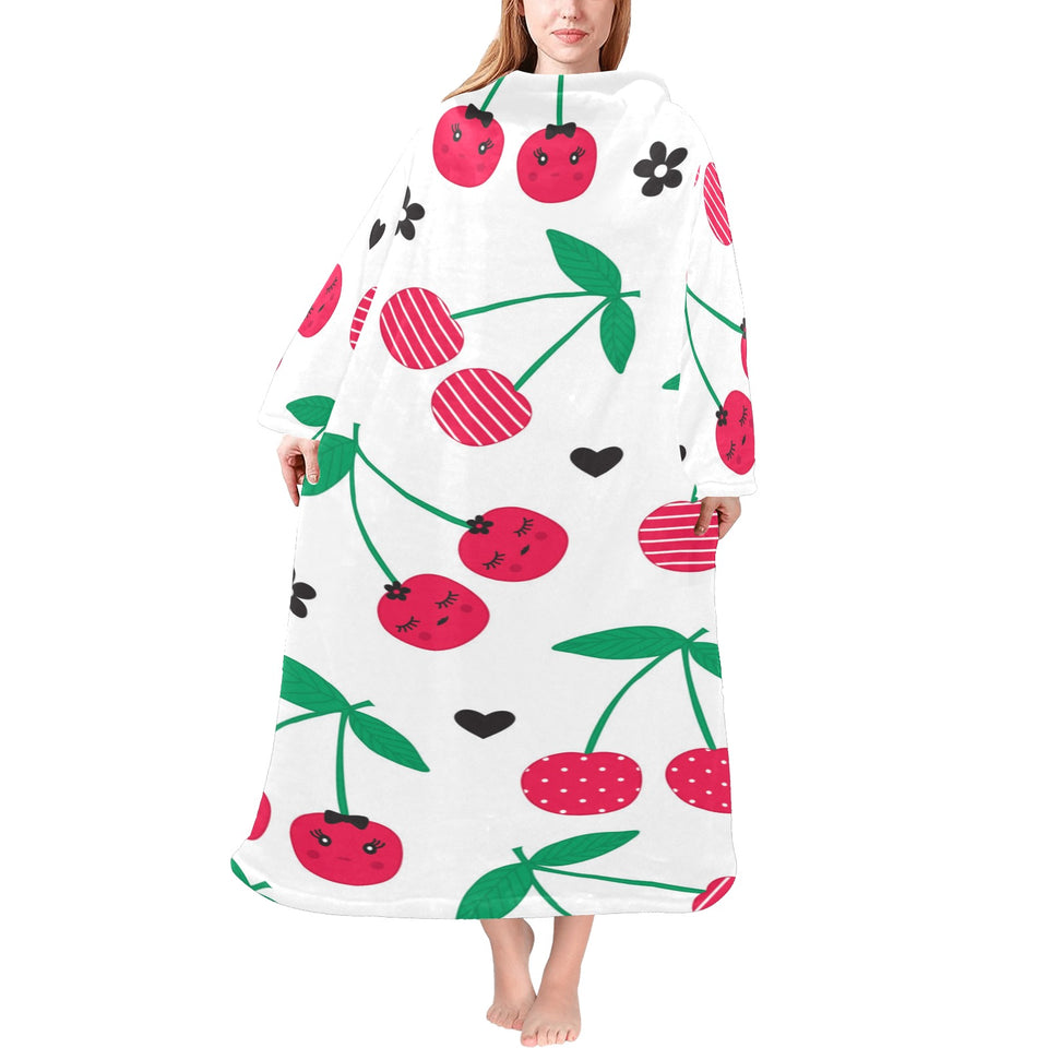 cherry pattern white background Blanket Robe with Sleeves