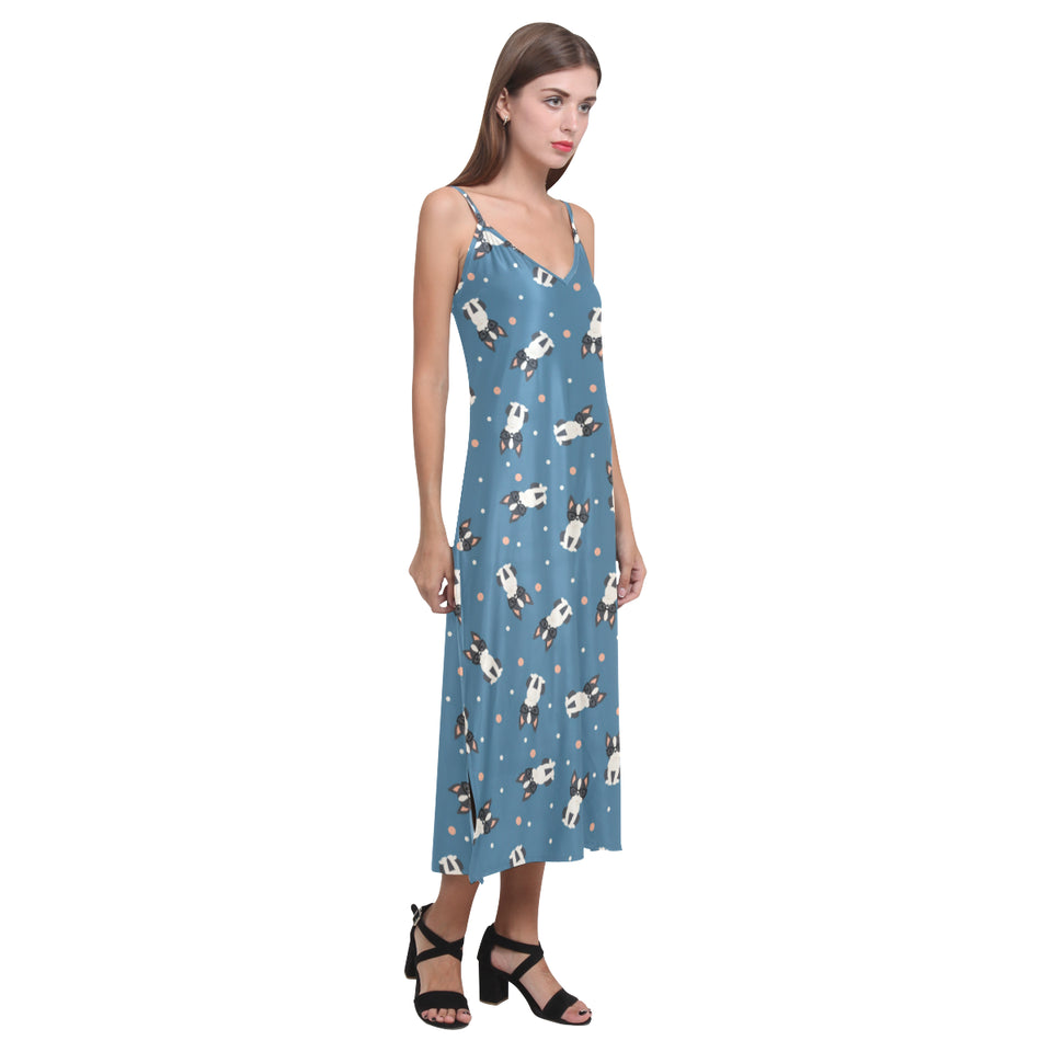 Cute boston terrier dog spattern V-Neck Open Fork Long Dress