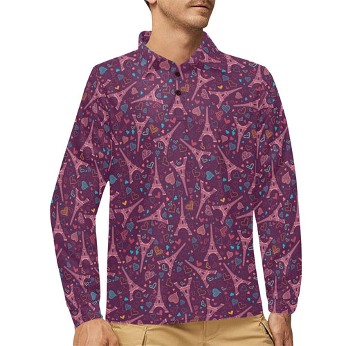 Eiffel Tower Heart Pattern Print Design 04 Men's Long Sleeve Polo Shirt