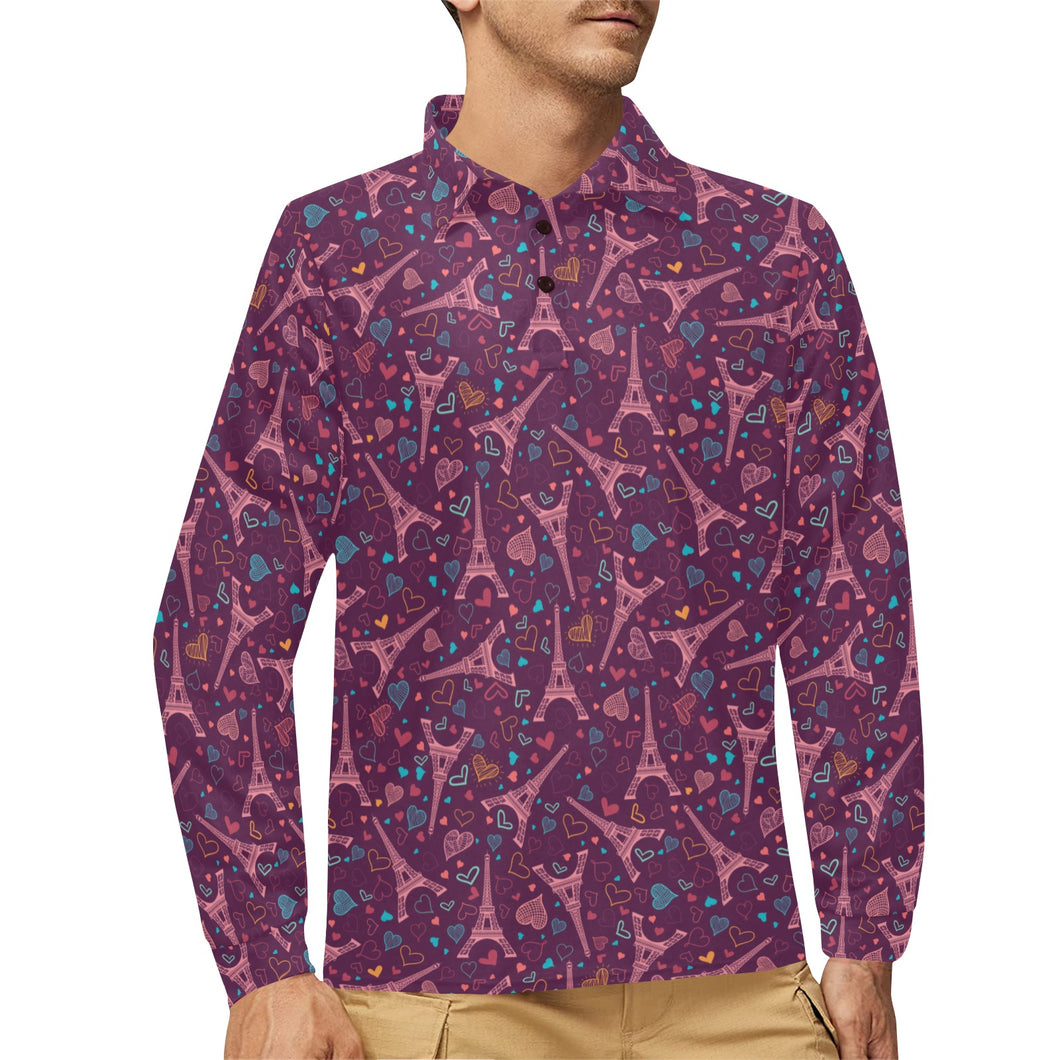 Eiffel Tower Heart Pattern Print Design 04 Men's Long Sleeve Polo Shirt