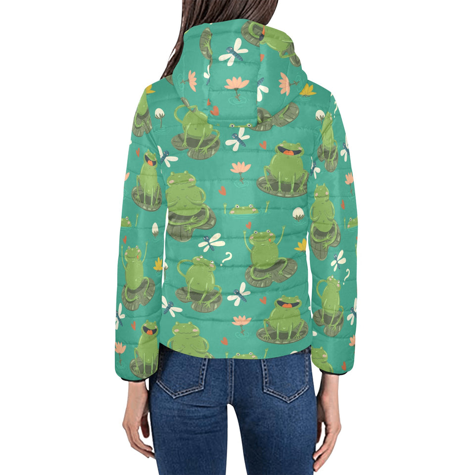 Cute frog dragonfly design pattern Women's Padded Hooded Jacket