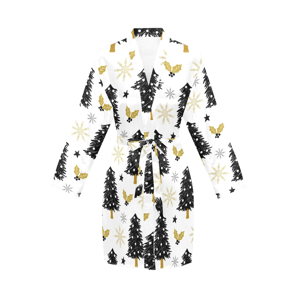 Christmas tree holly snow star pattern Women's Long Sleeve Belted Night Robe