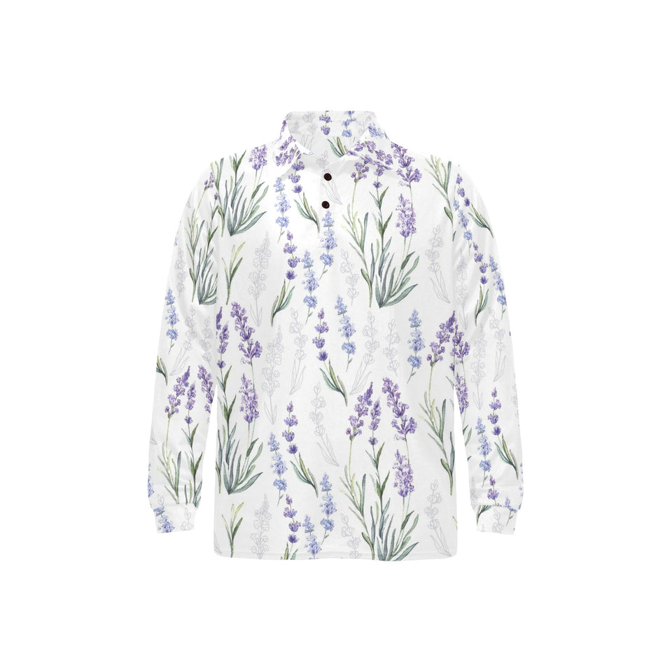 Hand painting Watercolor Lavender Men's Long Sleeve Polo Shirt