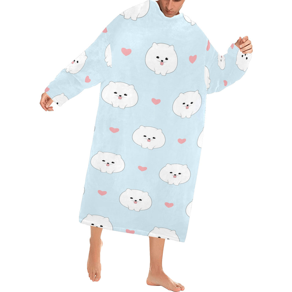 White cute pomeranian pattern Blanket Robe with Sleeves