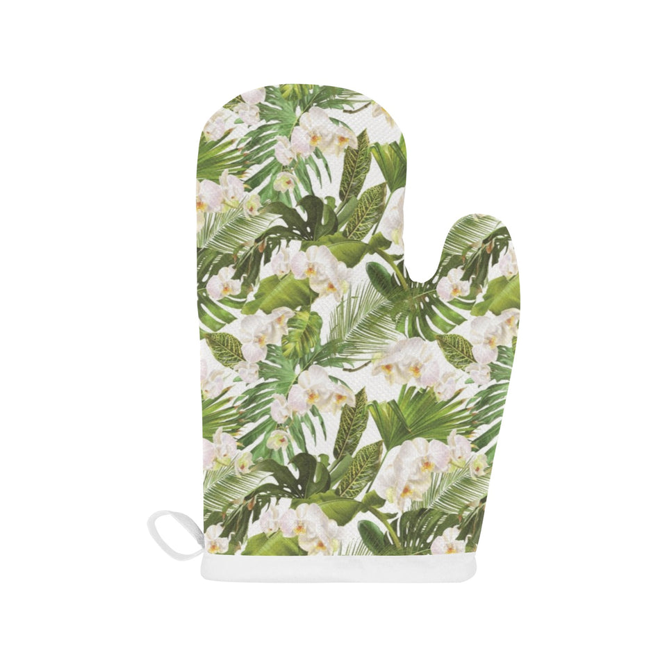 White orchid flower tropical leaves pattern Heat Resistant Oven Mitts