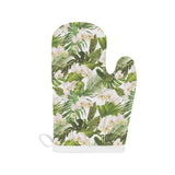 White orchid flower tropical leaves pattern Heat Resistant Oven Mitts