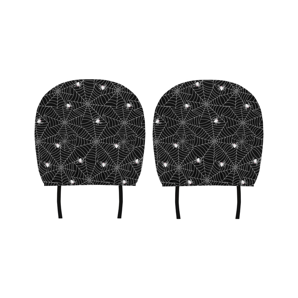 Spider web design pattern Black background white c Car Headrest Cover